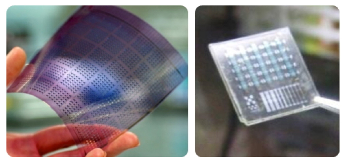 Figure. (left) FET array on 10 × 10 cm2 of poly(ethylene naphthalate) (right) C60 FET array fabricated on cellophane tape