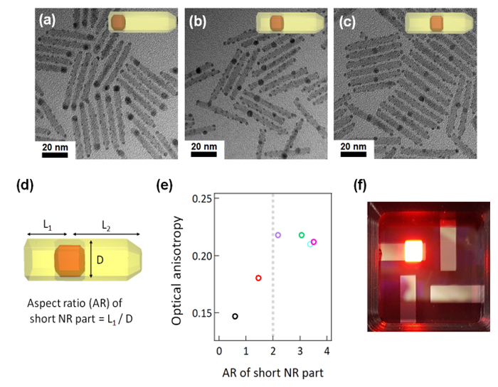 Figure 1. (a-c) TEM images of core-position-controlled core/shell NRs with gold grown on them to visualize the core position. (d) Schematic description for defining the term aspect ratio of short NR part. (e) Optical anisotropy at band edge versus aspect ratio of short NR part. (f) Image of light-emitting device using core/shell NRs with center-positioned core as emitters.