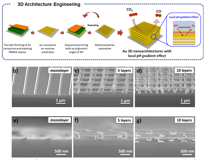Fig 1. Illustration of architecture engineering process by sequential printing; Images are examples of 3D Au catalysts 