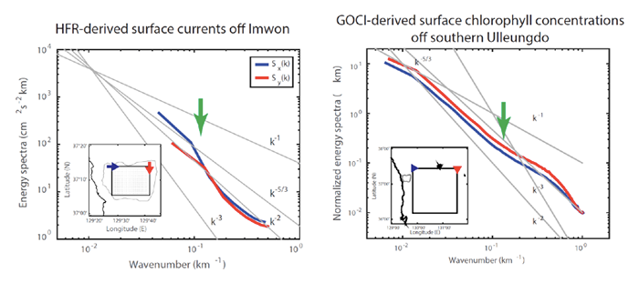 Figure 2. Energy spectra of HFR-derived surface currents and GOCI-derived chlorophyll concentrations in cross-shore and along-shore directions. Injection spatial scales (Green arrows). 