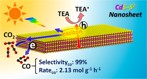 Scheme 1. Schematic Illustration of CdS-S2- NS with Facet-Resolved Redox-Active Sites for Solar-Driven CO2-to-CO conversion
