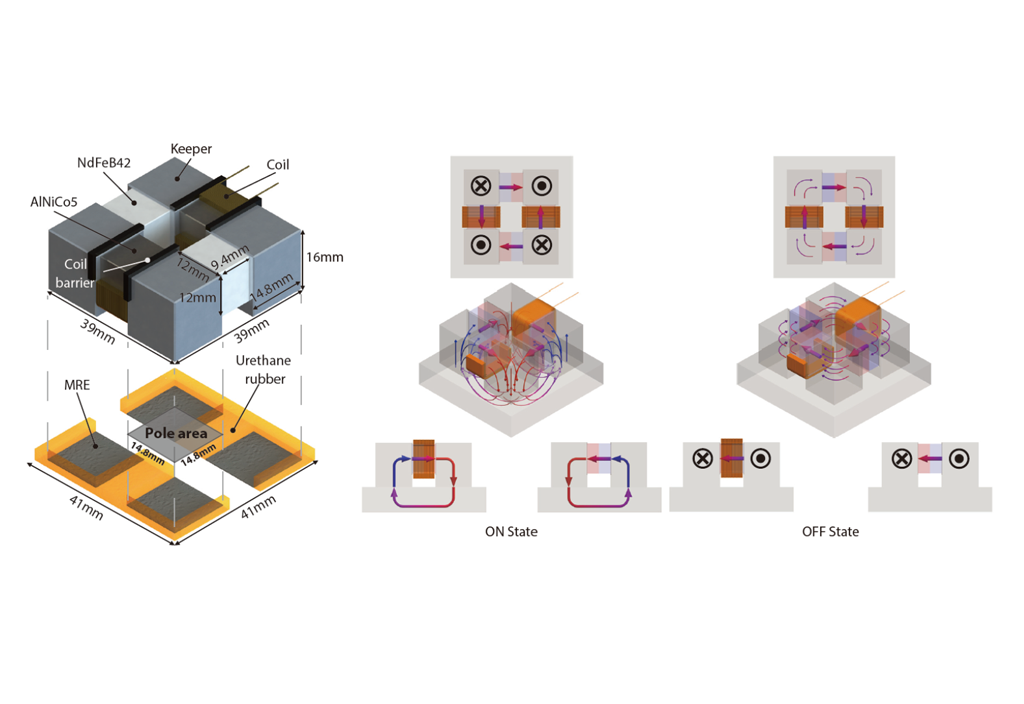 Scheme 2. Magnetic foot sole description. (Left) Components of EPM and MRE foot sole. (Right) Working principle of proposed EPM.