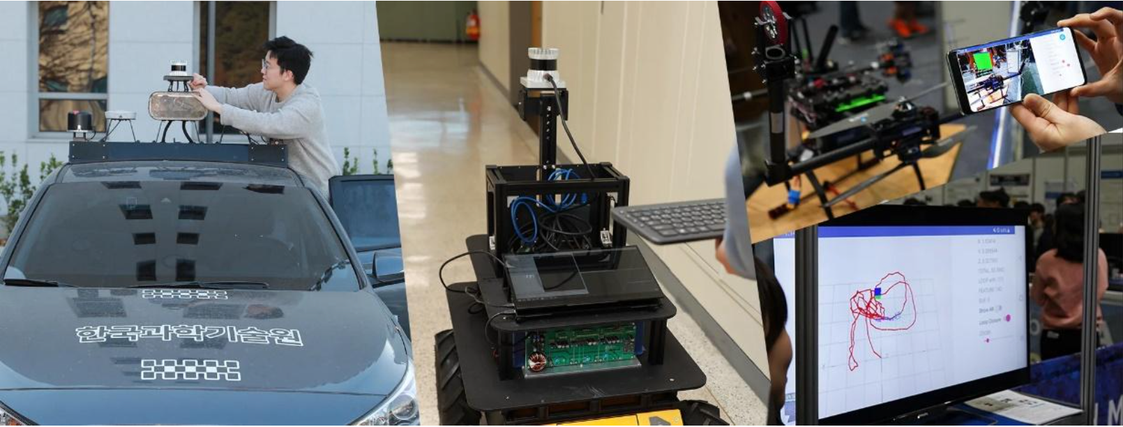 Fig. 1. Autonomous robot navigation technologies: Autonomous vehicle(Left), Mobile robot(Middle), Mobile phone SLAM(Right)