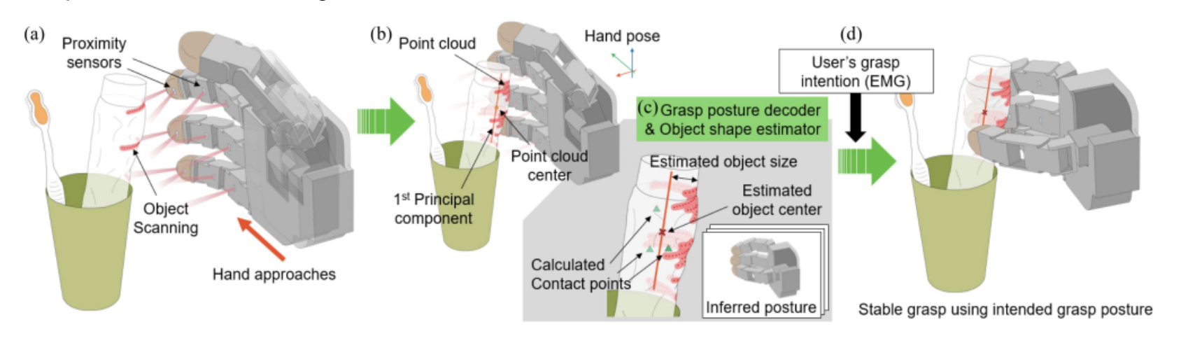 Scheme 1. Methodology of the P2GI system. (a) Proximity sensors on the palmar side of the prosthetic hand scan the surface of an object as the hand approaches the object. (b) Scanned points form a point cloud of the target object. (c) The grasp posture decoder infers the intended grasp posture of the user; and the object shape estimator estimates the size and exact center position of the object. Based on these decisions, the contact points for a stable grasp are calculated. (d) When the user gives the simple grasp command, the prosthetic hand stably grasps the object using the intended grasp posture of the user.