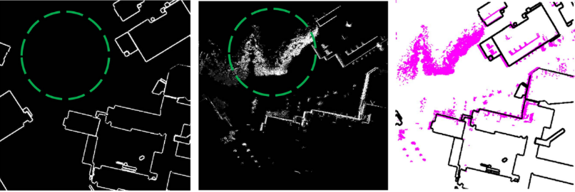 Fig. 4. Publicly available map-based localization: Template matching result (right) between the publicly available map (left) and the 3D local map (middle)