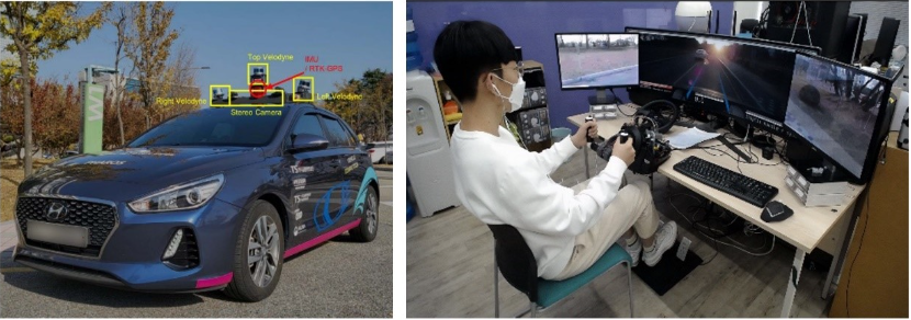 Fig. 5. Teleoperated driving test (right) in a remote station using IRiS Lab’s in-house autonomous vehicle platform (left)